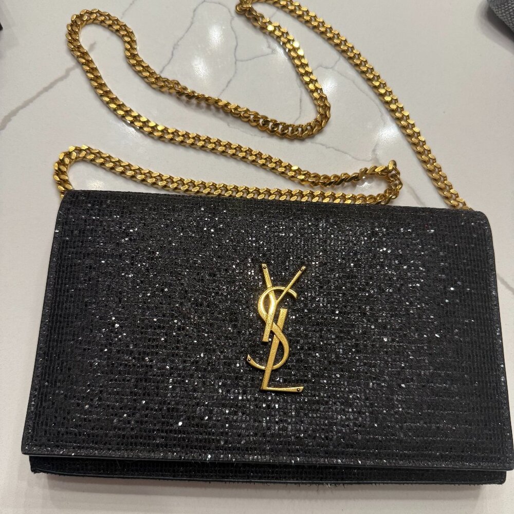 Saint Laurent Black Glitter Monogram Wallet-on-Chain